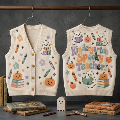 Retro Kindergarten Spooky Teacher Cardigan Vest - Halloween School Apparel - mockup 3