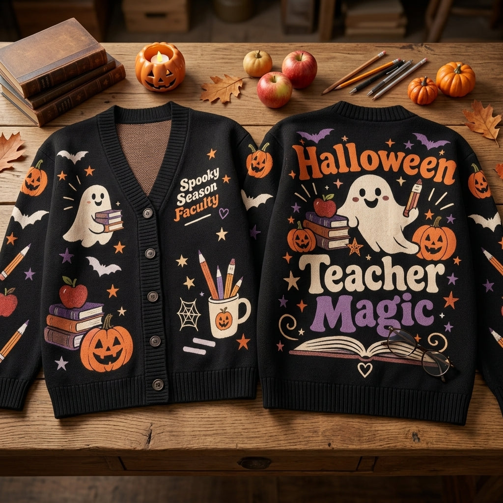 Halloween Teacher Magic Spooky Season Faculty Cardigan – Personalized Teacher Gift - mockup 2
