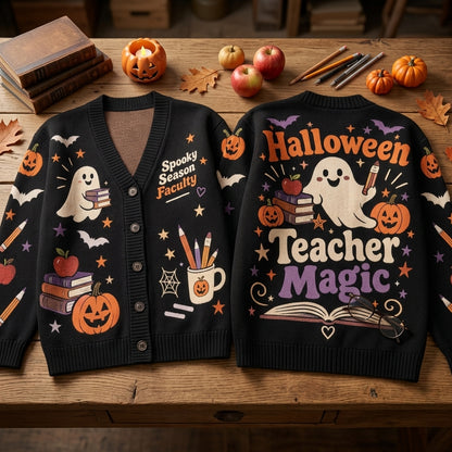 Halloween Teacher Magic Spooky Season Faculty Cardigan – Personalized Teacher Gift - mockup 2