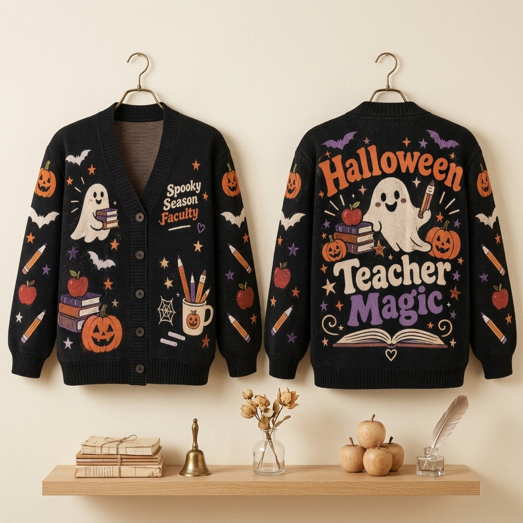 Halloween Teacher Magic Spooky Season Faculty Cardigan – Personalized Teacher Gift - mockup 3