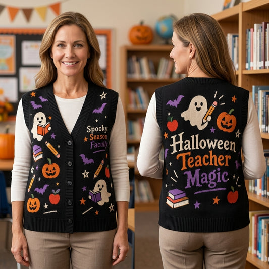 Personalized Halloween Teacher Cardigan Vest – Spooky Season Faculty Knit - mockup 1