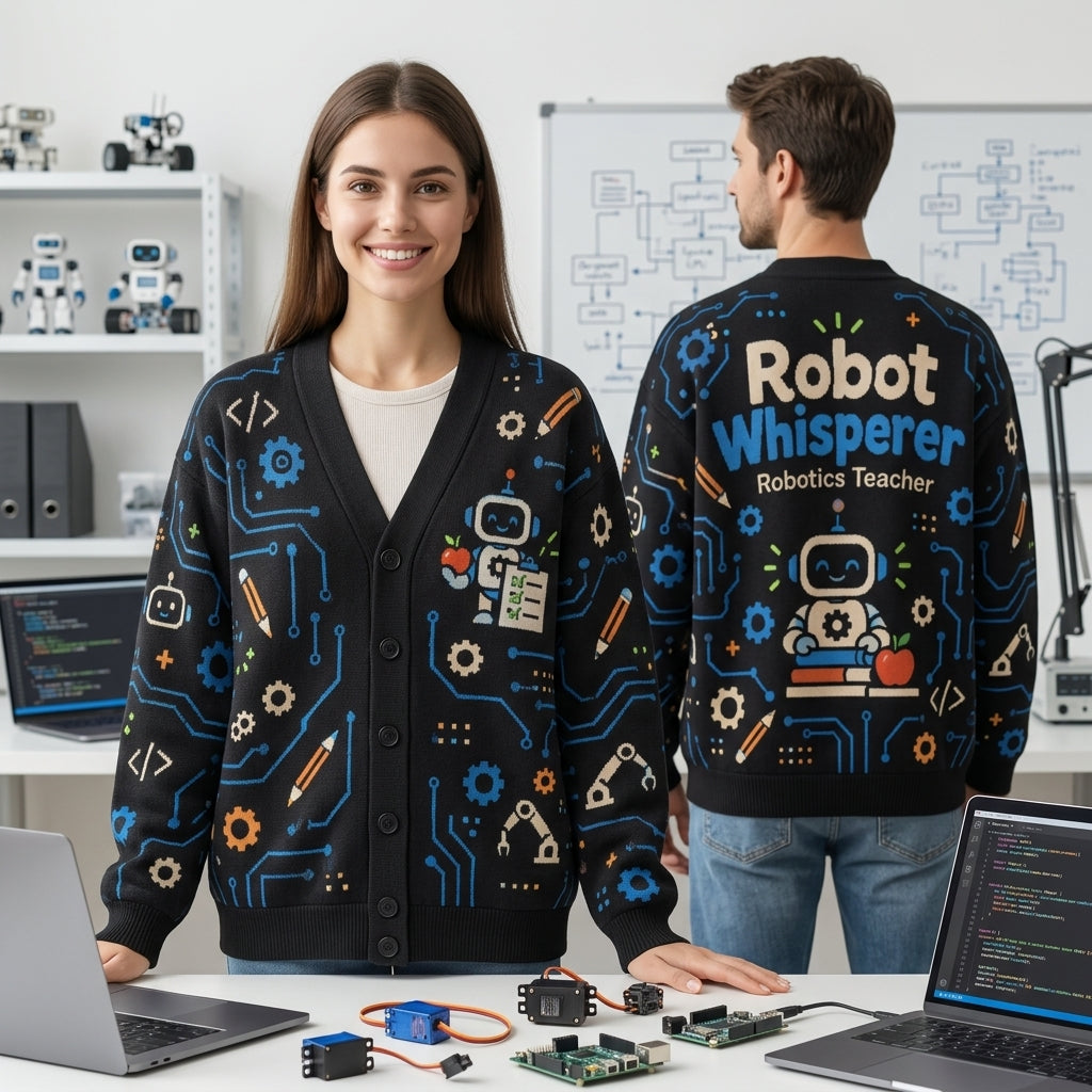 Robot Whisperer Robotics Teacher Cardigan – Tech STEM Educator Knit Sweater - mockup 1