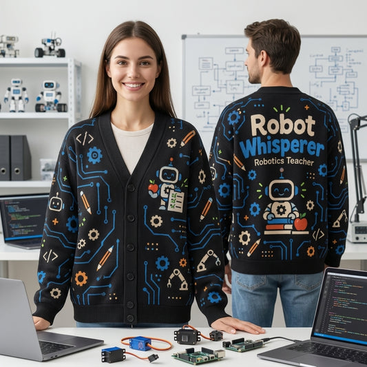 Robot Whisperer Robotics Teacher Cardigan – Tech STEM Educator Knit Sweater - mockup 1