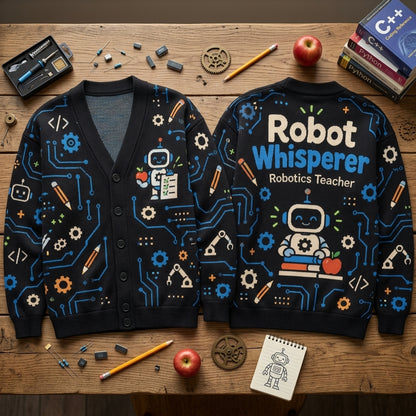 Robot Whisperer Robotics Teacher Cardigan – Tech STEM Educator Knit Sweater - mockup 2
