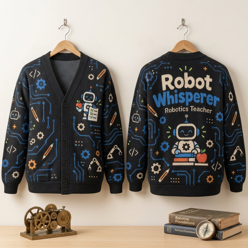 Robot Whisperer Robotics Teacher Cardigan – Tech STEM Educator Knit Sweater - mockup 3