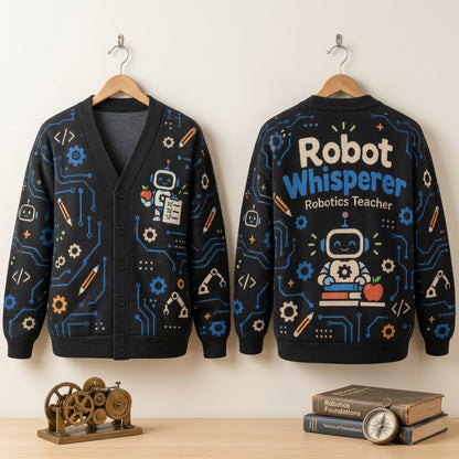 Robot Whisperer Robotics Teacher Cardigan – Tech STEM Educator Knit Sweater - mockup 3