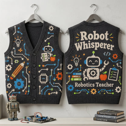 Robotics Teacher Robot Whisperer Cardigan Vest - Fun STEM Educator Gift - mockup 3