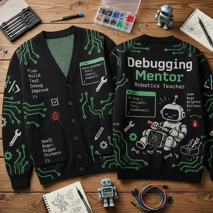 Robotics Teacher Debugging Mentor All-Over Print Cardigan – STEM Educator Gift - mockup 2