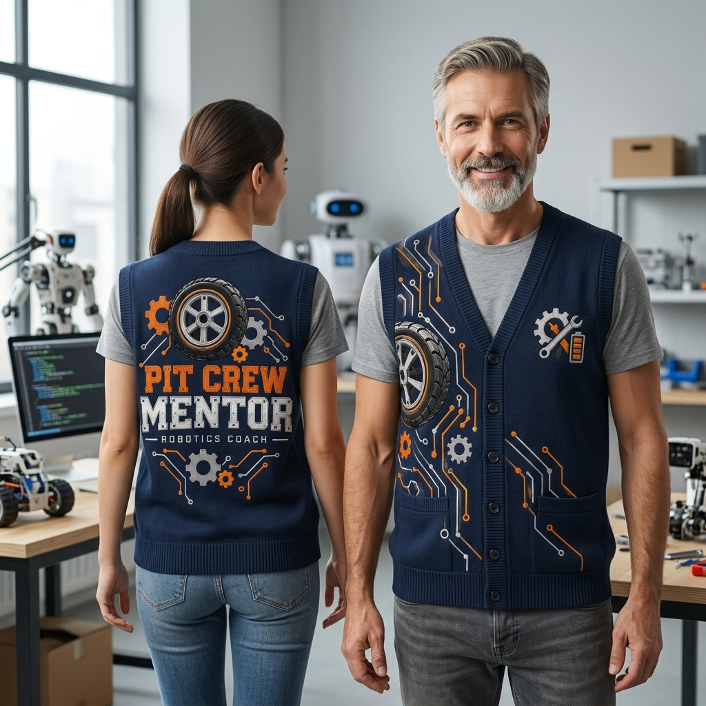 Robotics Coach Pit Crew Mentor Cardigan Vest – STEM Engineering Team Apparel - mockup 1