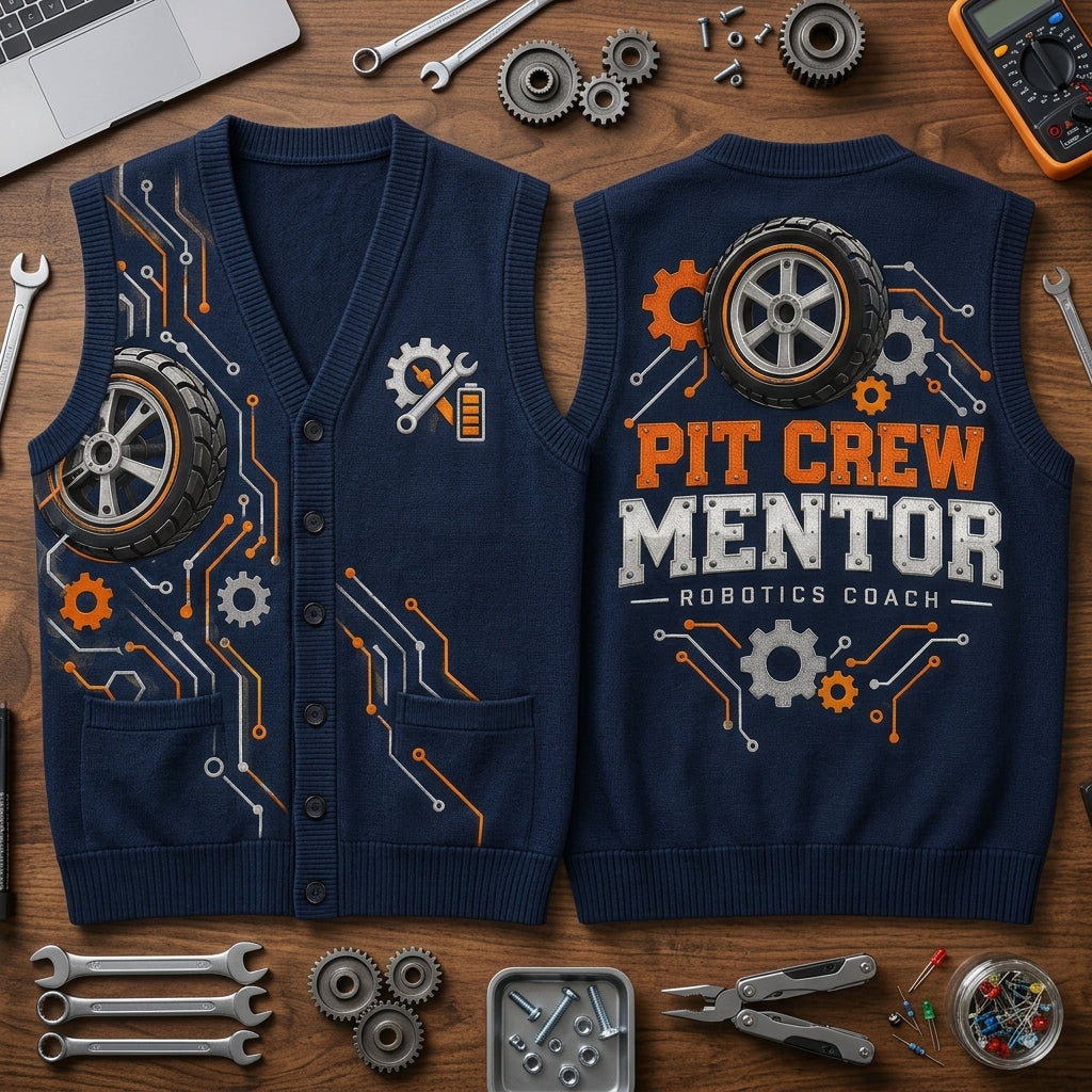 Robotics Coach Pit Crew Mentor Cardigan Vest – STEM Engineering Team Apparel - mockup 2