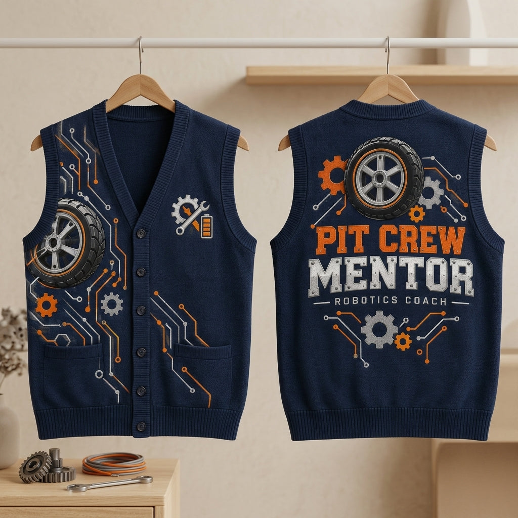 Robotics Coach Pit Crew Mentor Cardigan Vest – STEM Engineering Team Apparel - mockup 3