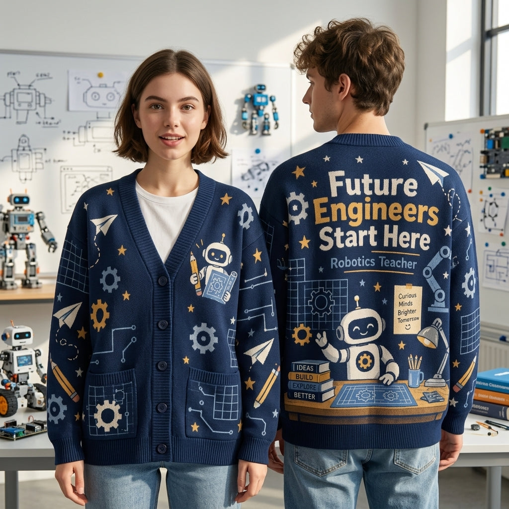 Robotics Teacher Future Engineers Knitted Cardigan – STEM Educator Gift - mockup 1