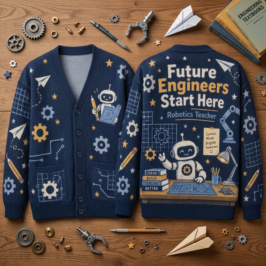 Robotics Teacher Future Engineers Knitted Cardigan – STEM Educator Gift - mockup 2