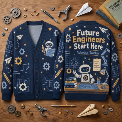 Robotics Teacher Future Engineers Knitted Cardigan – STEM Educator Gift - mockup 2