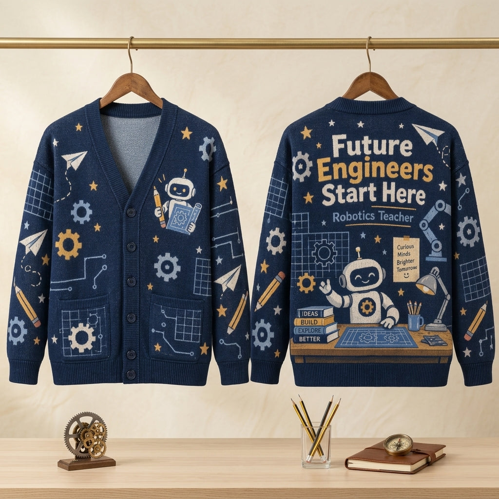 Robotics Teacher Future Engineers Knitted Cardigan – STEM Educator Gift - mockup 3