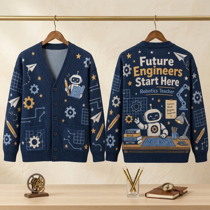 Robotics Teacher Future Engineers Knitted Cardigan – STEM Educator Gift - mockup 3