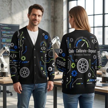 Robotics Teacher Code Calibrate Repeat Cardigan - Fun STEM Engineering Educator Gift - mockup 1