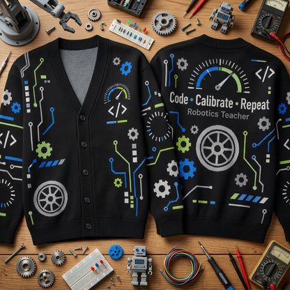 Robotics Teacher Code Calibrate Repeat Cardigan - Fun STEM Engineering Educator Gift - mockup 2