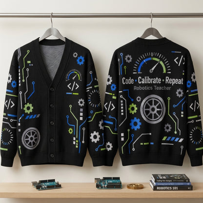 Robotics Teacher Code Calibrate Repeat Cardigan - Fun STEM Engineering Educator Gift - mockup 3