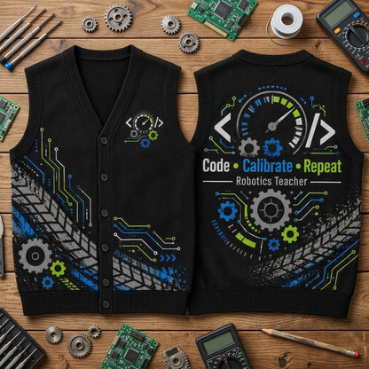 Robotics Teacher Code Calibrate Repeat Cardigan Vest – STEM Educator Gift - mockup 2