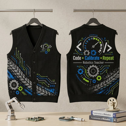 Robotics Teacher Code Calibrate Repeat Cardigan Vest – STEM Educator Gift - mockup 3