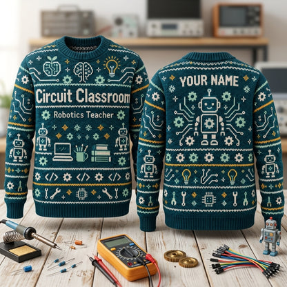 Custom Robotics Teacher Circuit Classroom Ugly Sweater - Personalized STEM Gift - mockup 2