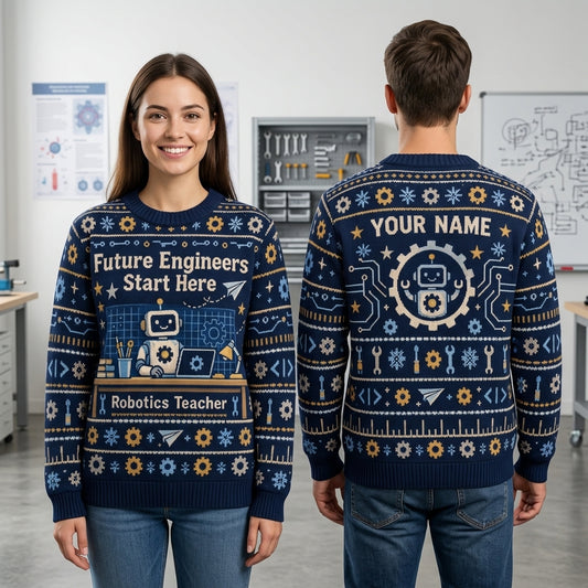 Personalized Robotics Teacher Future Engineers Ugly Sweater – STEM Educator Gift - mockup 1
