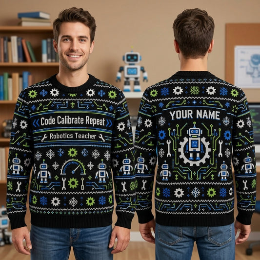 Personalized Robotics Teacher Code Calibrate Repeat Ugly Sweater - STEM Holiday Gift - mockup 1