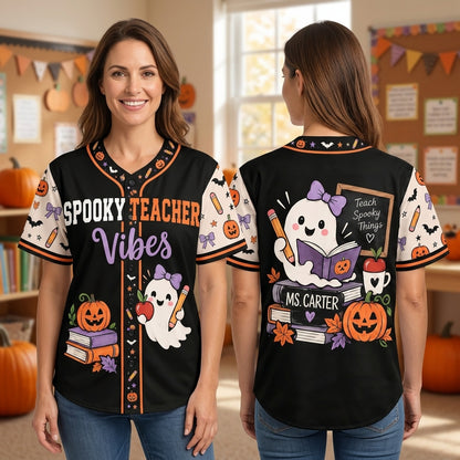 Custom Spooky Teacher Vibes Baseball Jersey - Halloween Education Spirit Wear - mockup 1