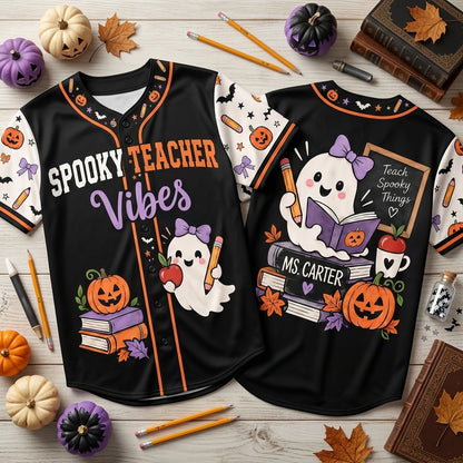 Custom Spooky Teacher Vibes Baseball Jersey - Halloween Education Spirit Wear - mockup 2