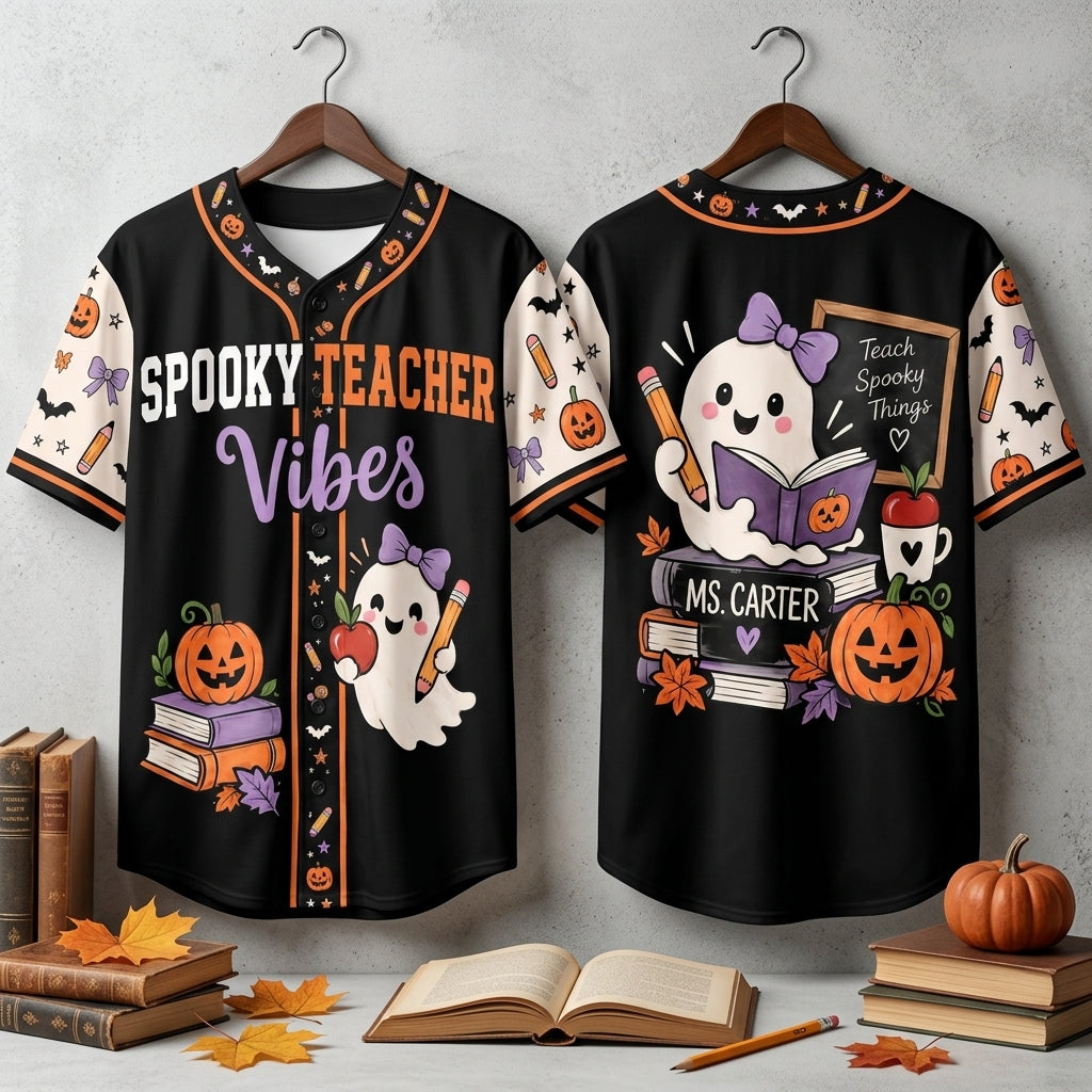 Custom Spooky Teacher Vibes Baseball Jersey - Halloween Education Spirit Wear - mockup 3