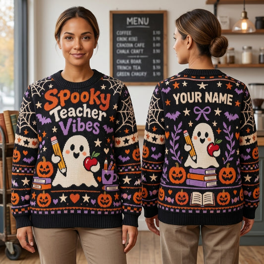 Custom Spooky Teacher Vibes Ghost Ugly Sweater – Personalized Halloween Gift - mockup 1