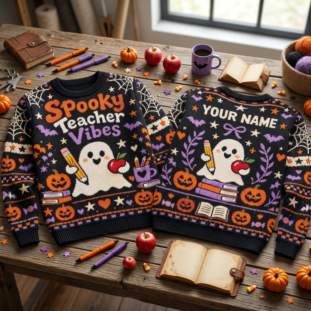 Custom Spooky Teacher Vibes Ghost Ugly Sweater – Personalized Halloween Gift - mockup 2