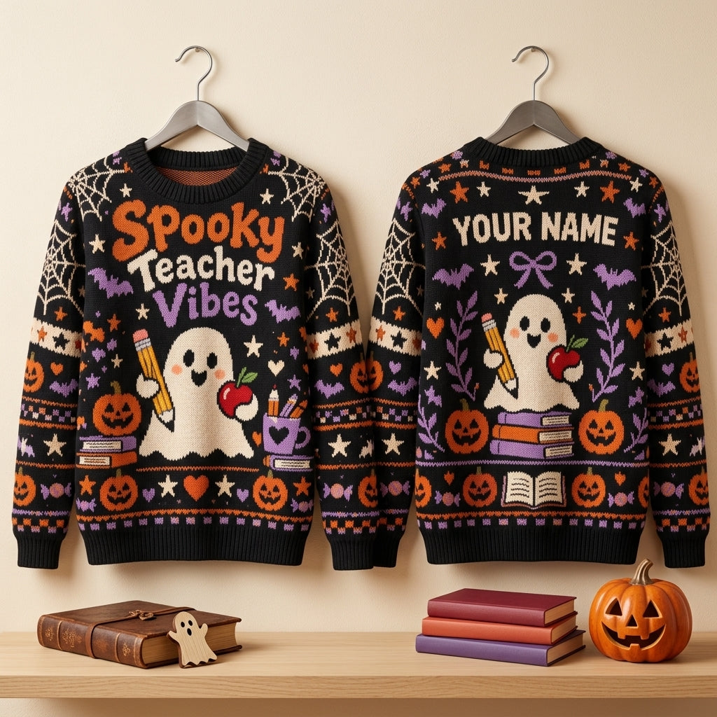 Custom Spooky Teacher Vibes Ghost Ugly Sweater – Personalized Halloween Gift - mockup 3