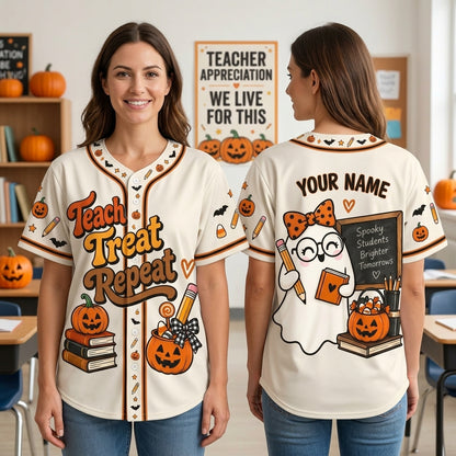 Personalized Teach Treat Repeat Halloween Baseball Jersey – Spooky Teacher Gift - mockup 1