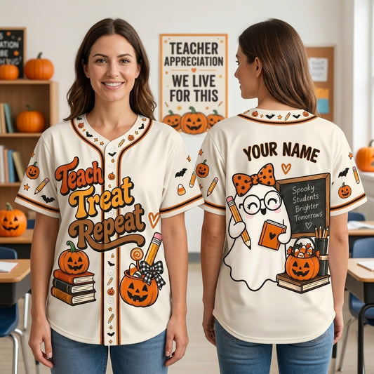 Personalized Teach Treat Repeat Halloween Baseball Jersey – Spooky Teacher Gift - mockup 1