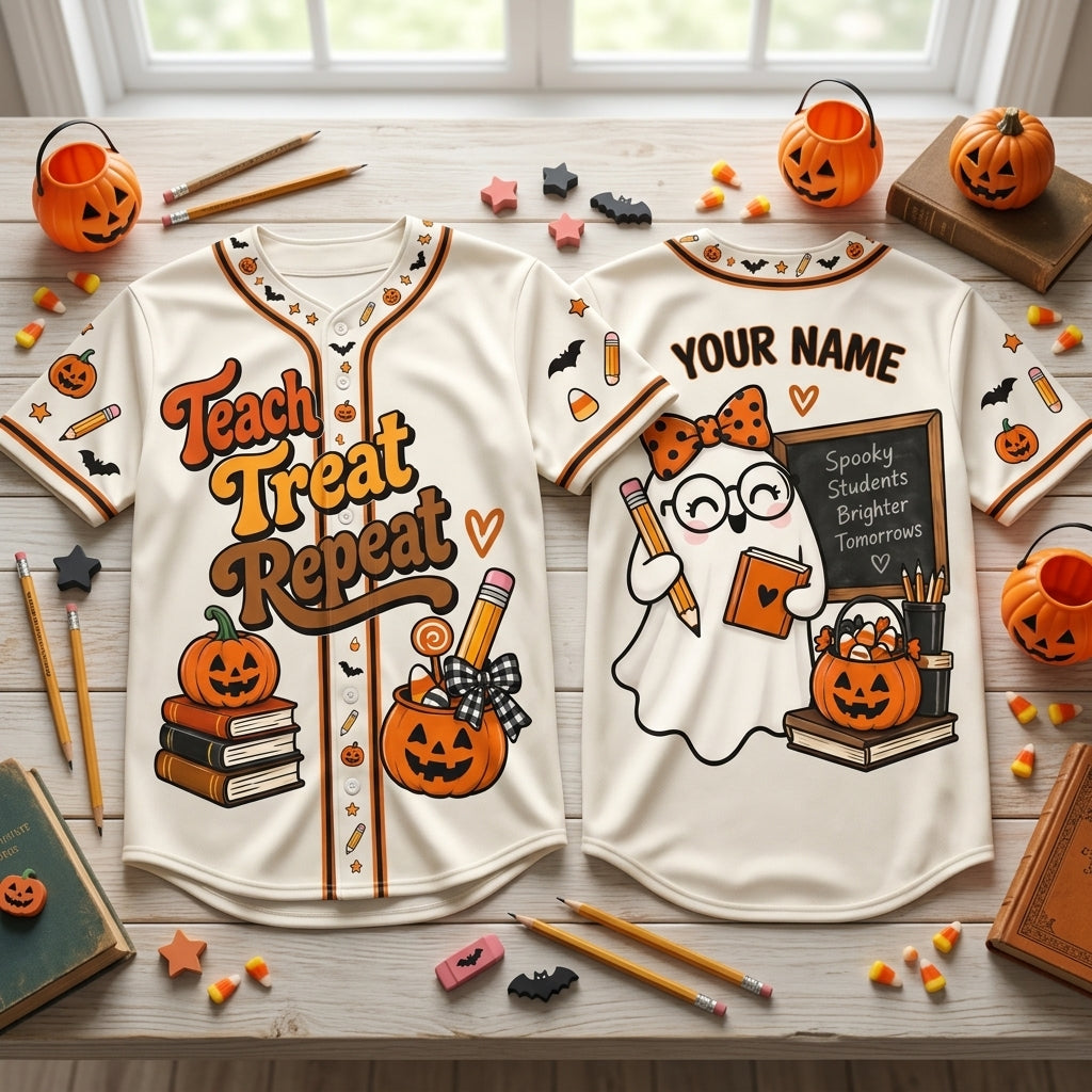 Personalized Teach Treat Repeat Halloween Baseball Jersey – Spooky Teacher Gift - mockup 2