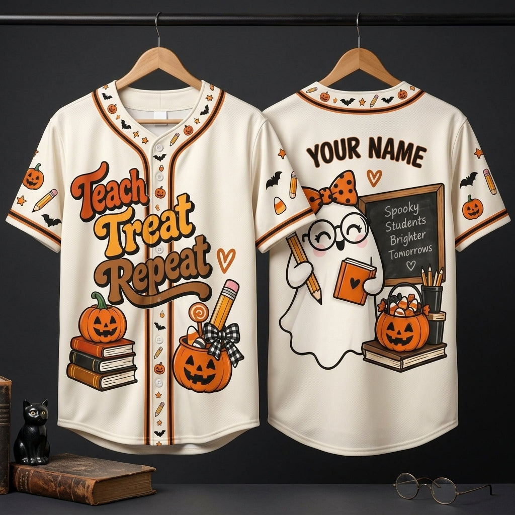 Personalized Teach Treat Repeat Halloween Baseball Jersey – Spooky Teacher Gift - mockup 3