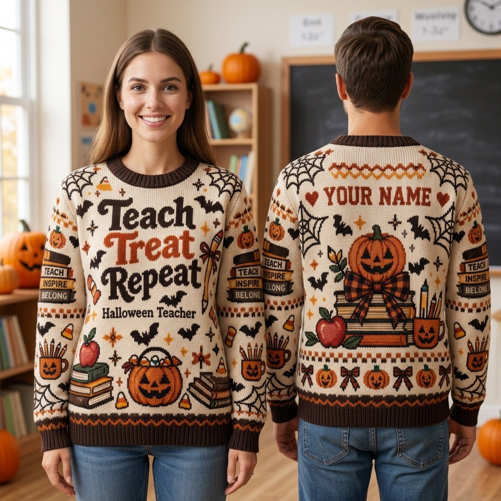 Personalized Teach Treat Repeat Halloween Teacher Ugly Sweater for Educators - mockup 1