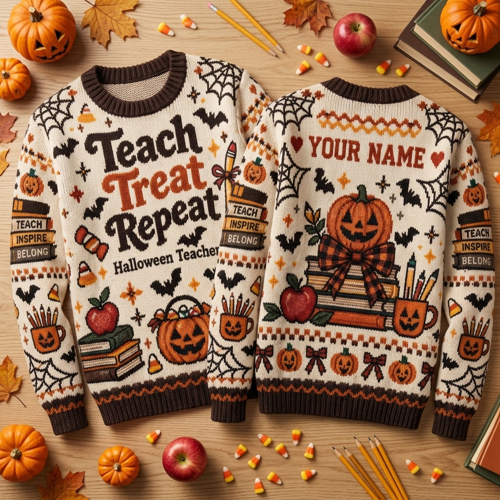 Personalized Teach Treat Repeat Halloween Teacher Ugly Sweater for Educators - mockup 2