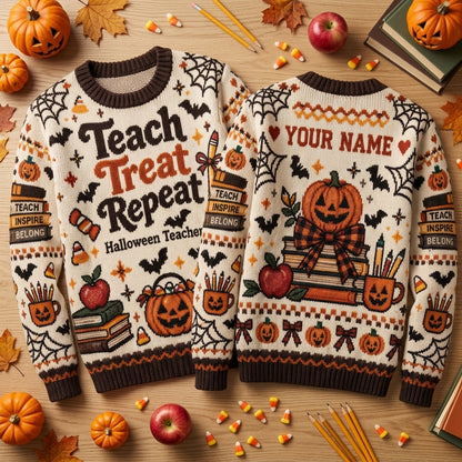 Personalized Teach Treat Repeat Halloween Teacher Ugly Sweater for Educators - mockup 2