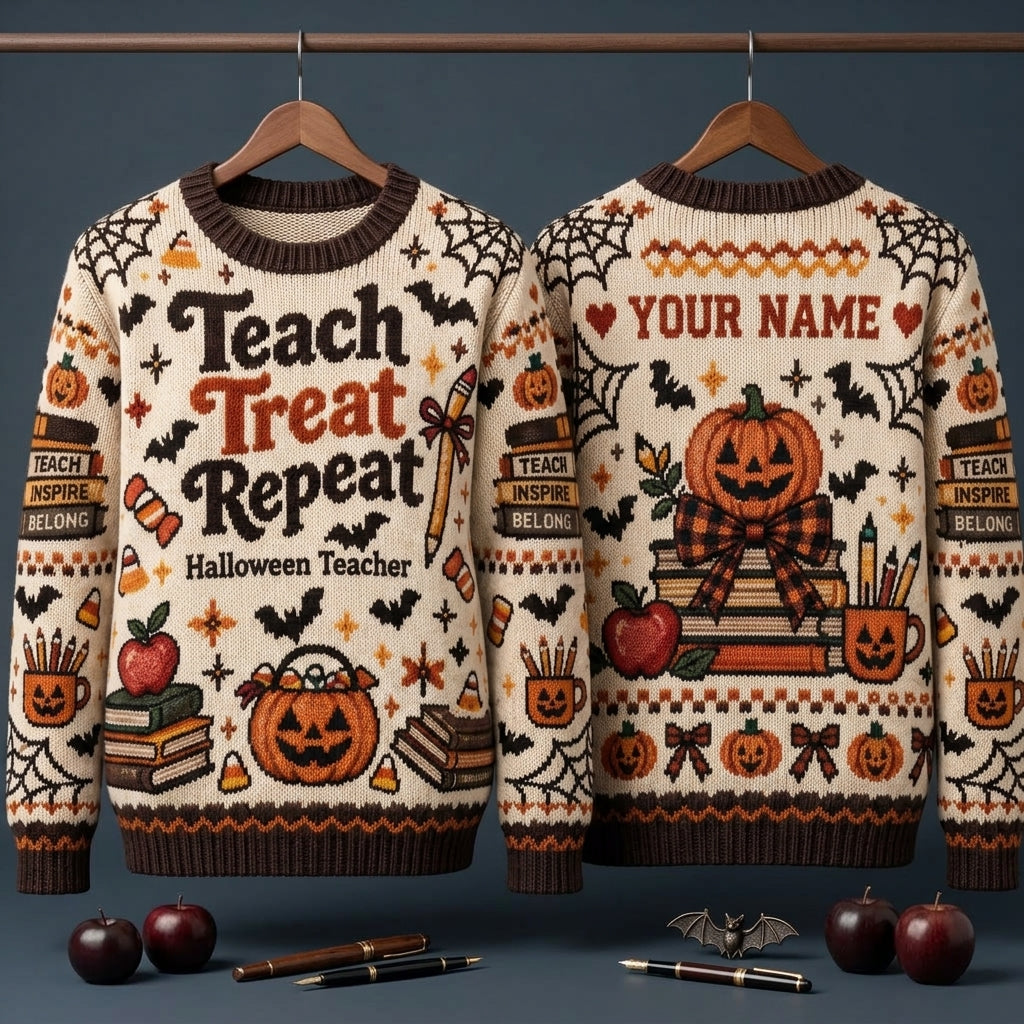 Personalized Teach Treat Repeat Halloween Teacher Ugly Sweater for Educators - mockup 3