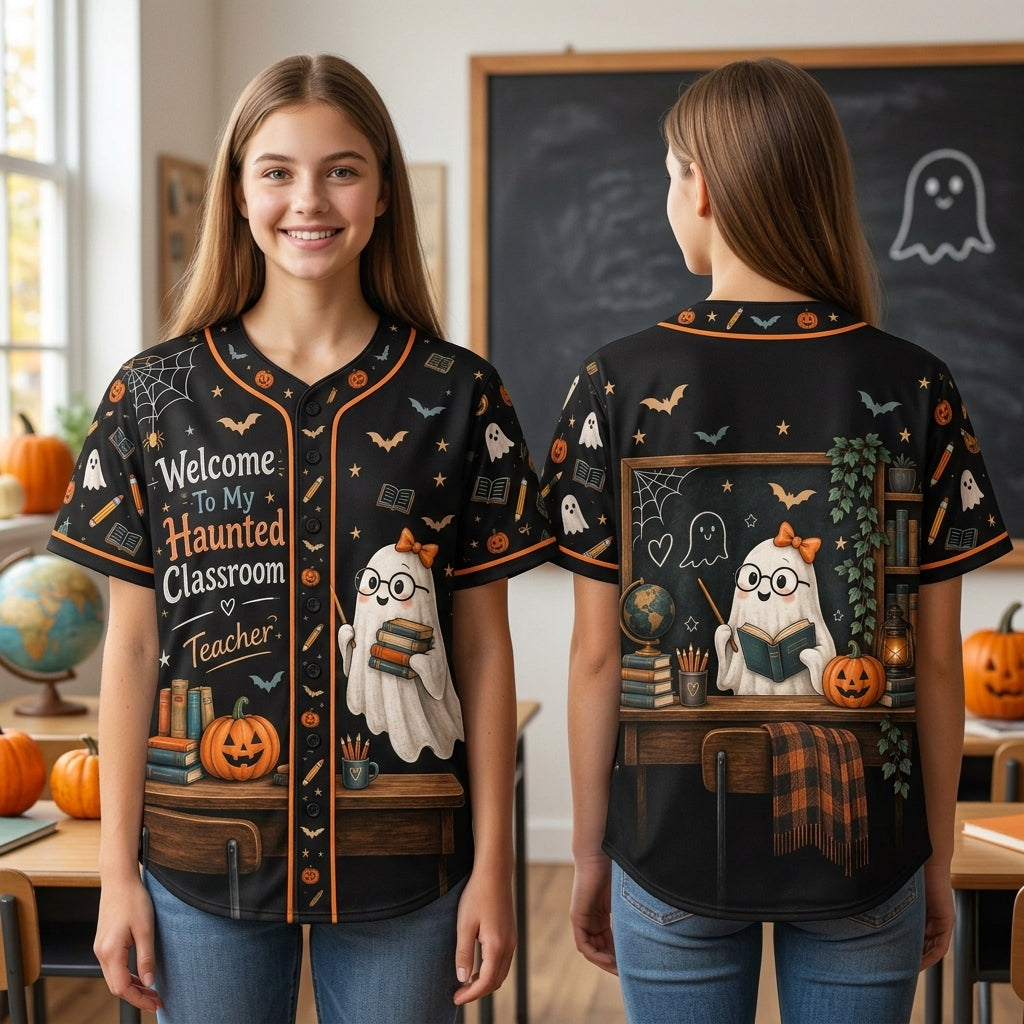 Haunted Classroom Teacher Ghost Baseball Jersey - Spooky Halloween Teacher Apparel - mockup 1