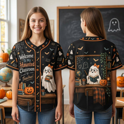Haunted Classroom Teacher Ghost Baseball Jersey - Spooky Halloween Teacher Apparel - mockup 1