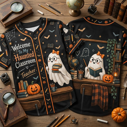 Haunted Classroom Teacher Ghost Baseball Jersey - Spooky Halloween Teacher Apparel - mockup 2