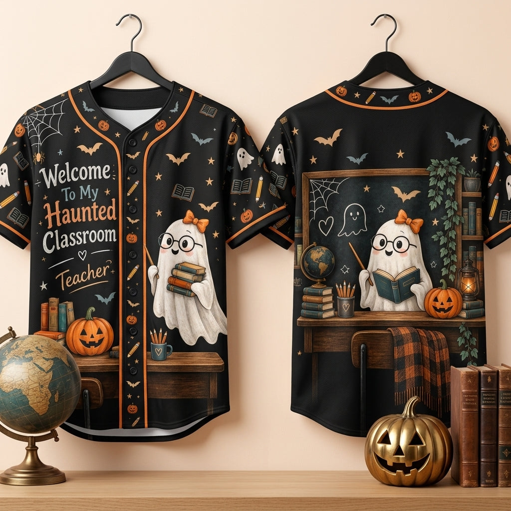 Haunted Classroom Teacher Ghost Baseball Jersey - Spooky Halloween Teacher Apparel - mockup 3