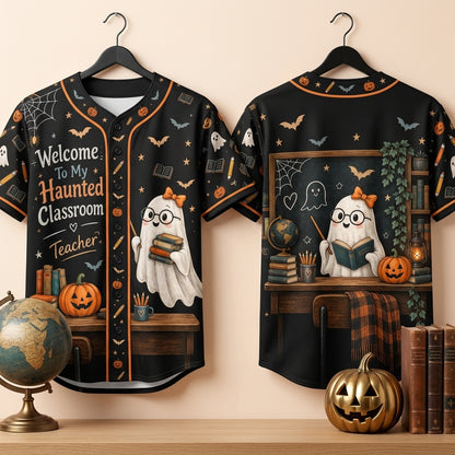 Haunted Classroom Teacher Ghost Baseball Jersey - Spooky Halloween Teacher Apparel - mockup 3