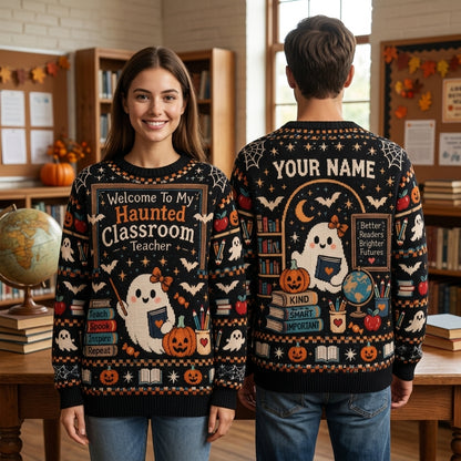 Personalized Haunted Classroom Teacher Ugly Sweater - Fun Halloween School Gift - mockup 1