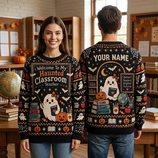 Personalized Haunted Classroom Teacher Ugly Sweater - Fun Halloween School Gift - mockup 1