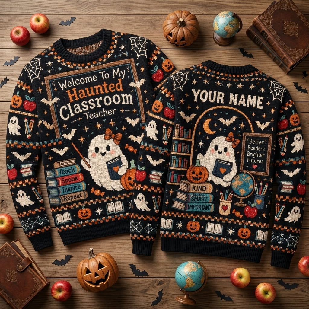 Personalized Haunted Classroom Teacher Ugly Sweater - Fun Halloween School Gift - mockup 2